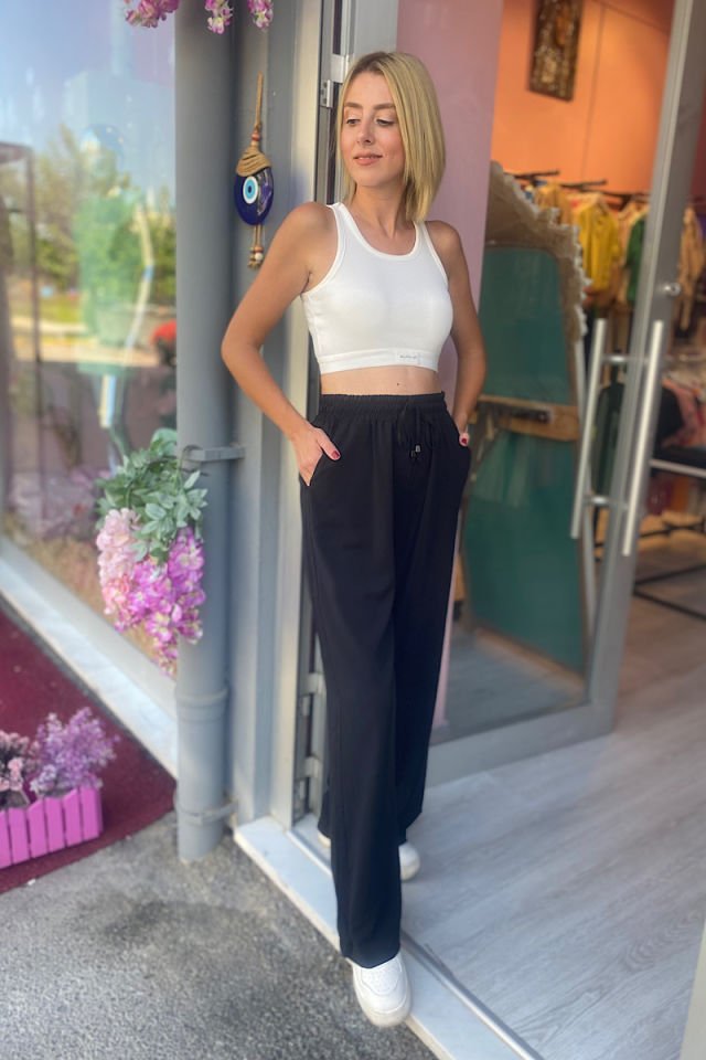 Beli Lastikli Bol Paça Pantolon-Siyah