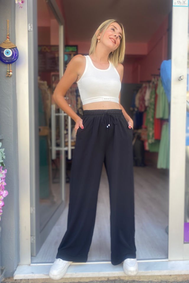 Beli Lastikli Bol Paça Pantolon-Siyah