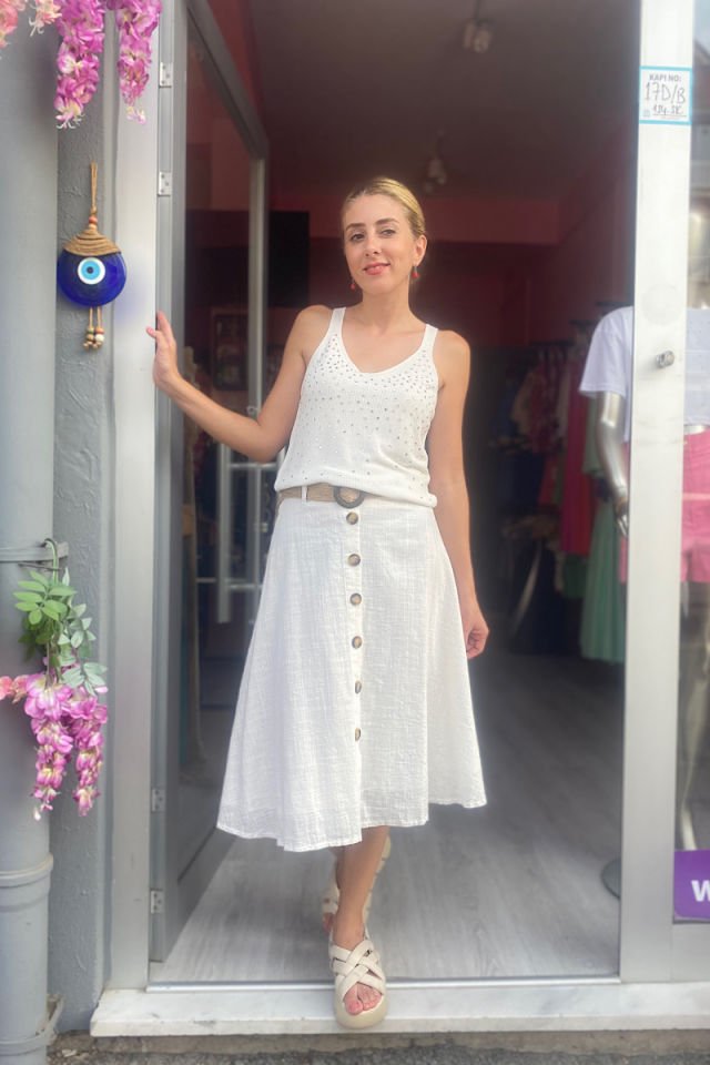 Kemerli Düğmeli Çan Etek