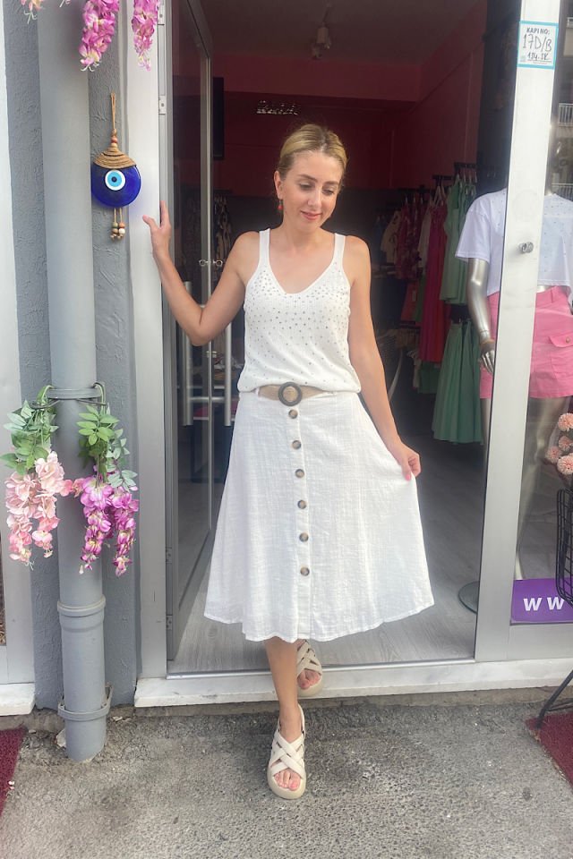 Kemerli Düğmeli Çan Etek