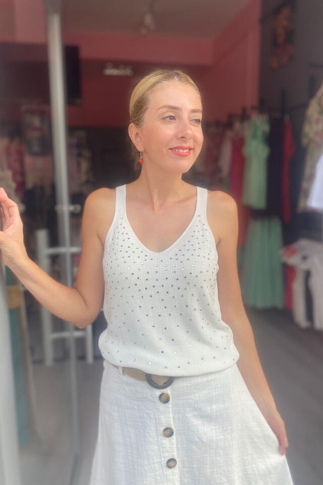 Taşlı Triko Atlet -Ekru