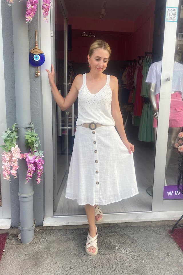 Taşlı Triko Atlet -Ekru