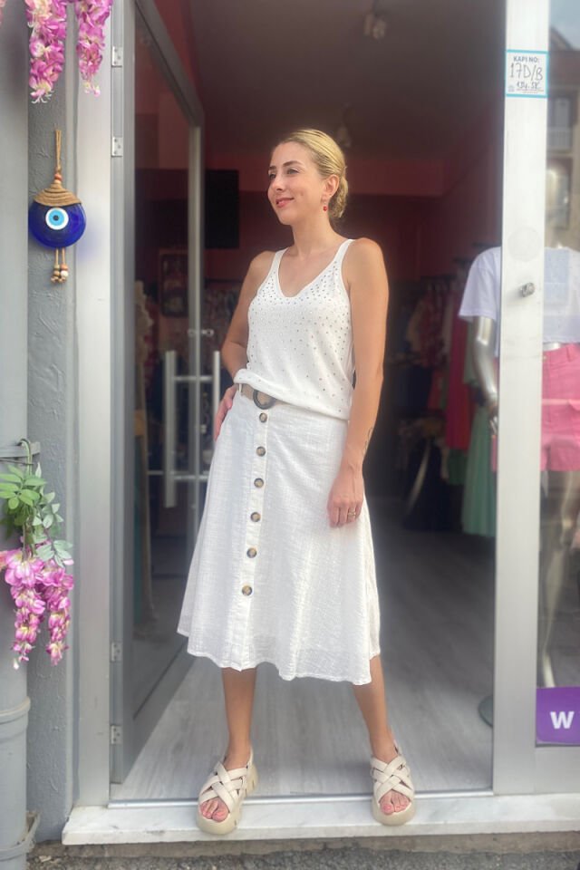 Taşlı Triko Atlet -Ekru