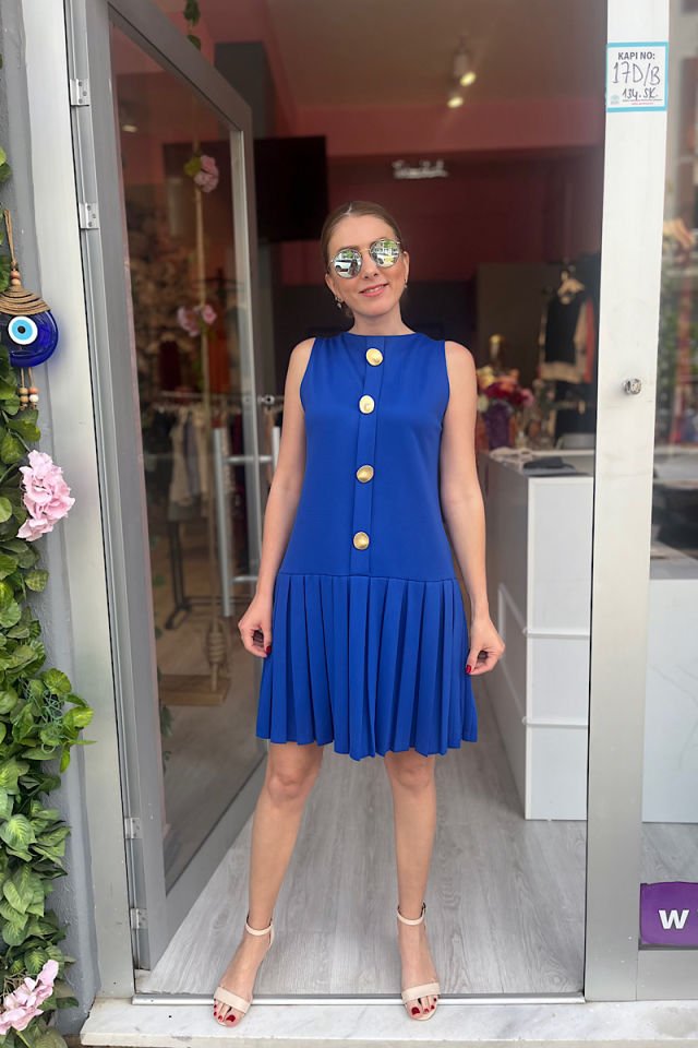 Pilili Gold Düğmeli Kolsuz Elbise-Saks