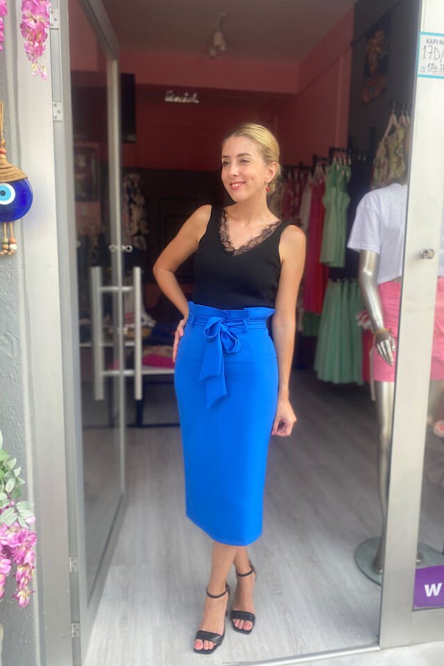 Önü Dantelli Fitilli Atlet-Siyah