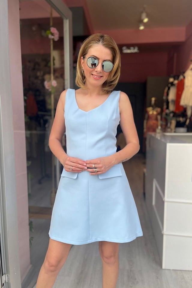 V Yaka Çan Elbise -Bebe Mavi