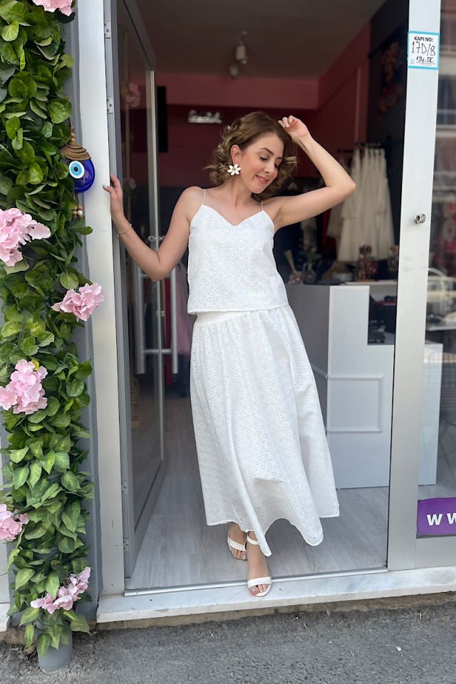 Brode Kumaş Maxi Etek-Ekru