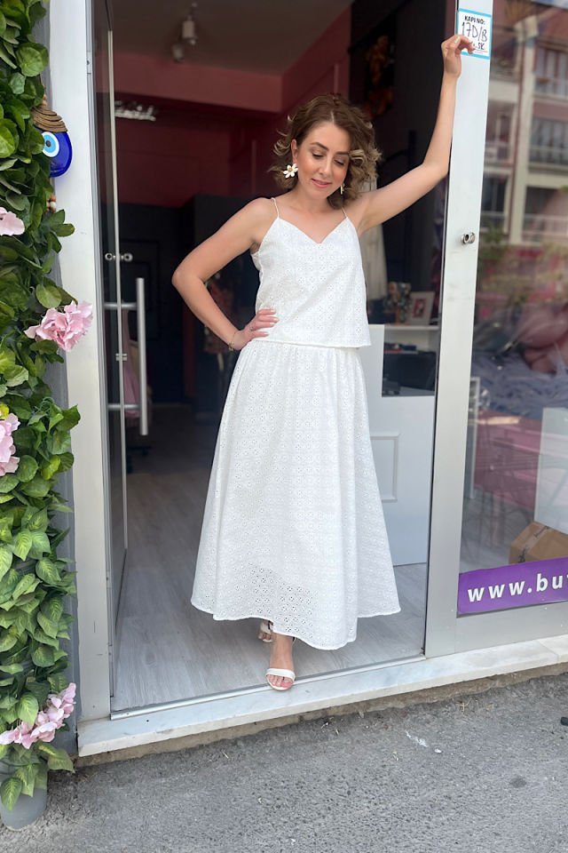 Brode Kumaş Maxi Etek-Ekru