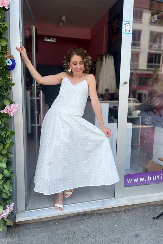 Brode Kumaş Maxi Etek-Ekru