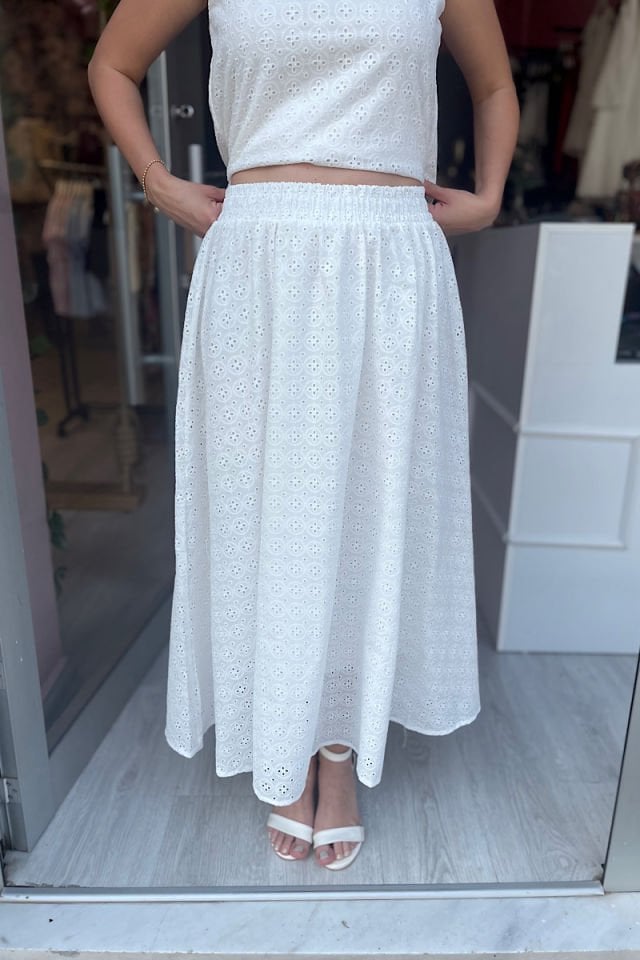Brode Kumaş Maxi Etek-Ekru