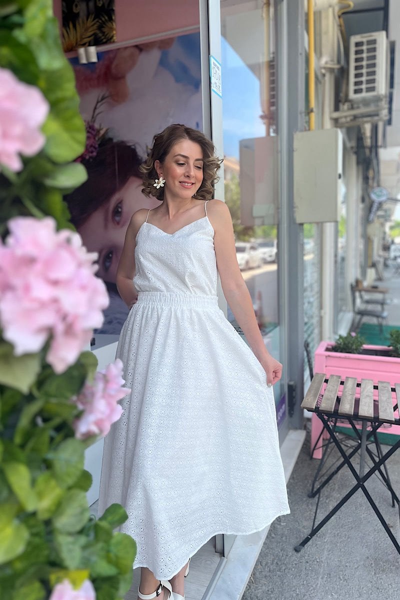 Brode Kumaş Maxi Etek-Ekru