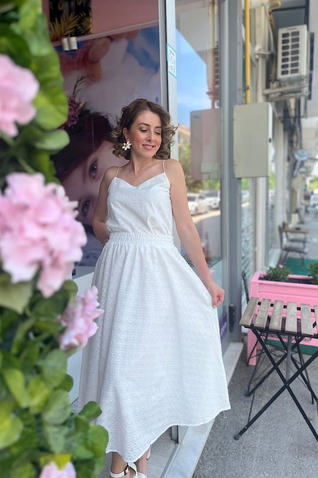 Brode Kumaş Maxi Etek-Ekru