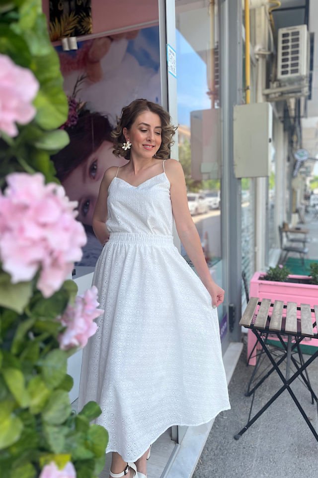 Brode Kumaş Maxi Etek-Ekru