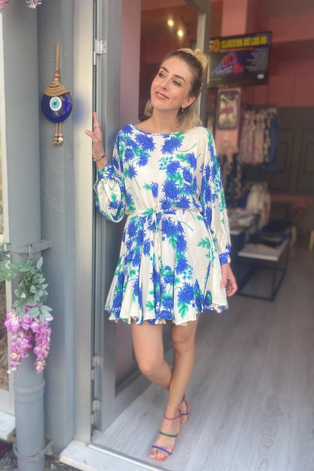 Beli Büzgülü Çiçekli Viskon Elbise