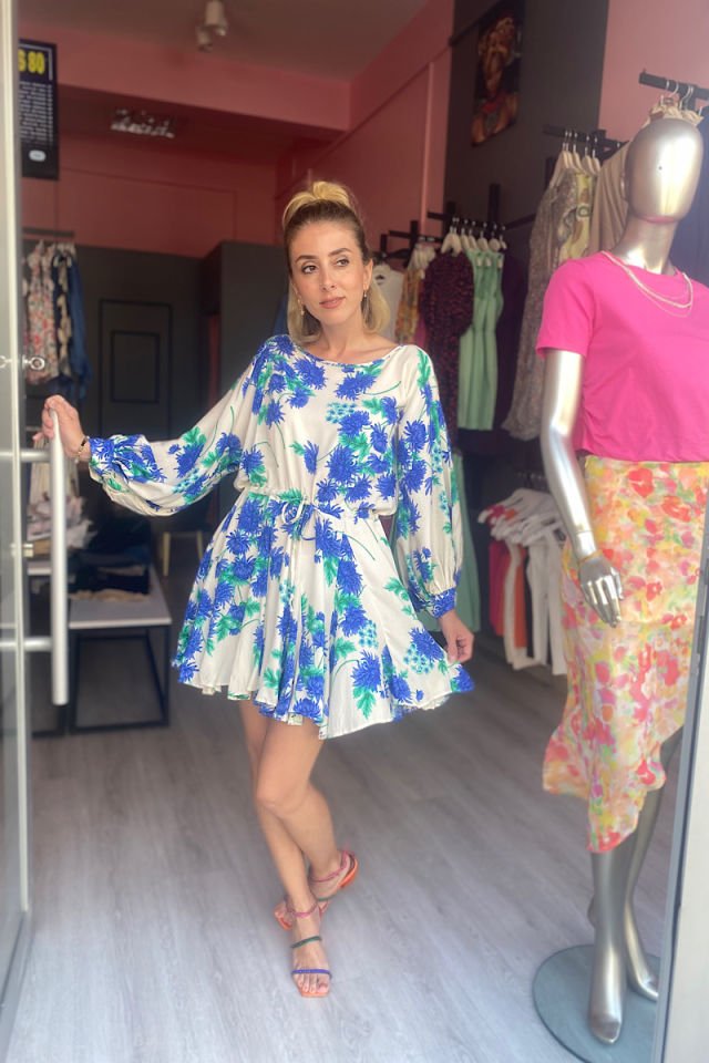 Beli Büzgülü Çiçekli Viskon Elbise