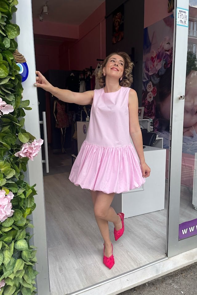 Balon Elbise-Toz Pembe