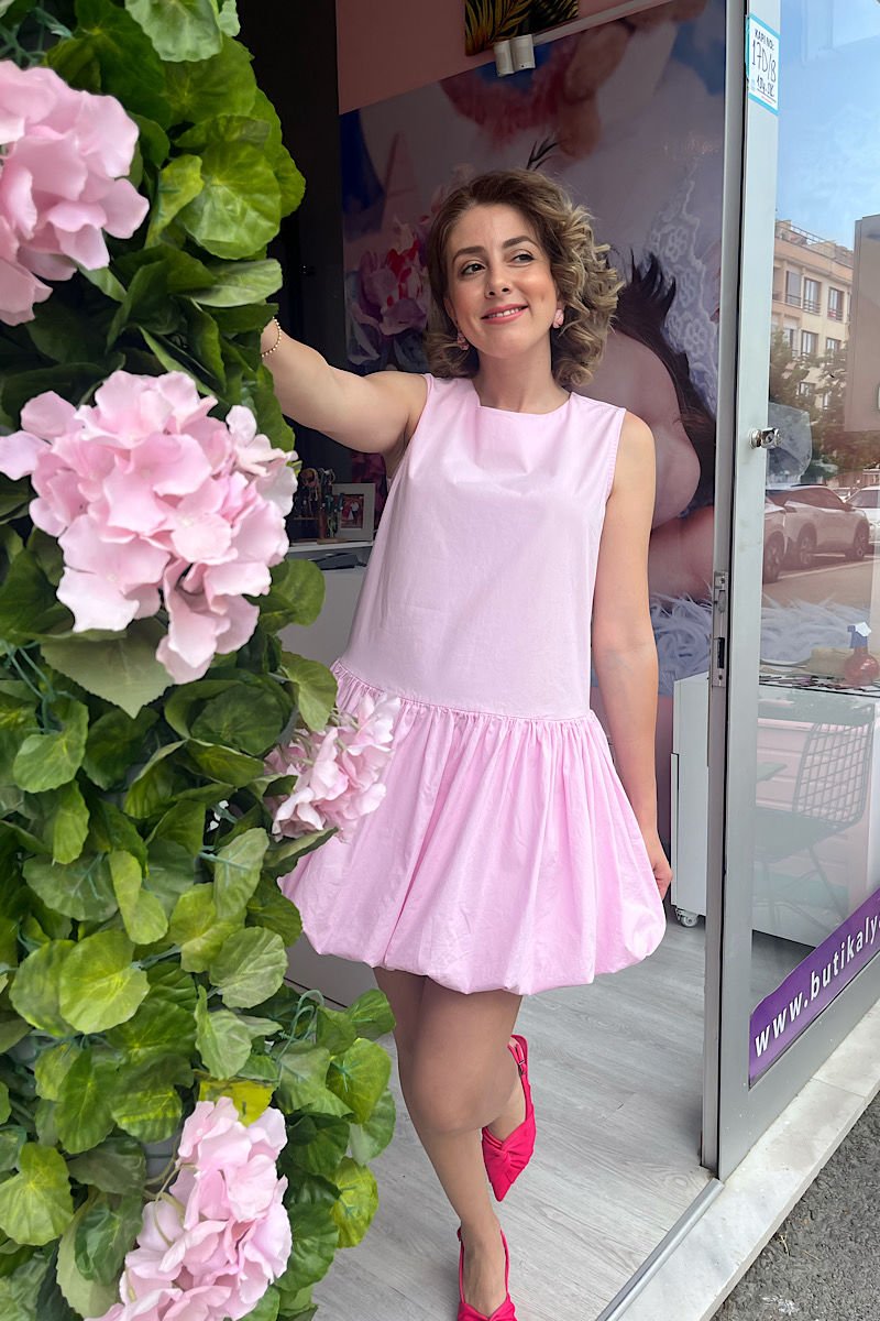Balon Elbise-Toz Pembe