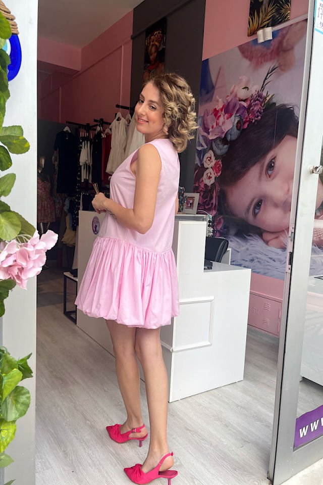 Balon Elbise-Toz Pembe