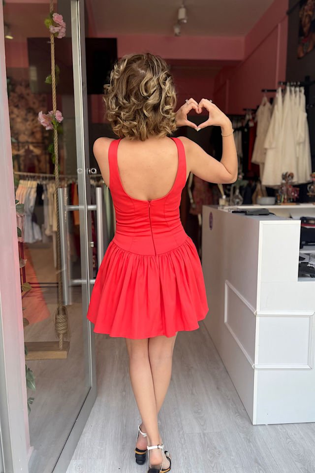 Sırt Dekolteli Mini Elbise-Nar Çiçeği