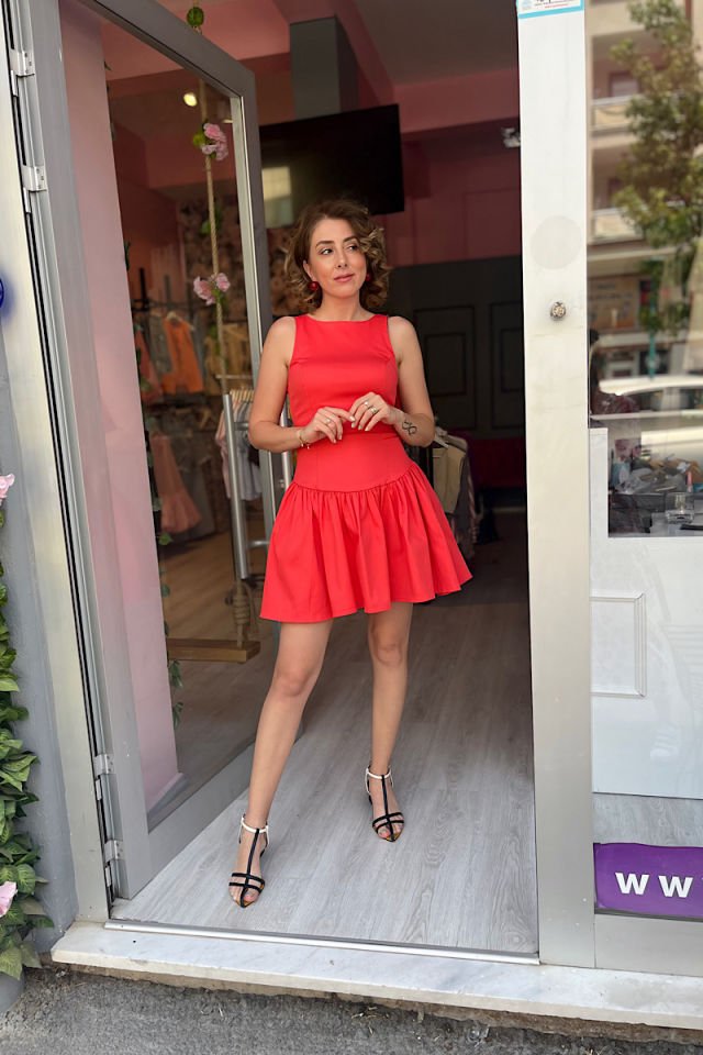 Sırt Dekolteli Mini Elbise-Nar Çiçeği