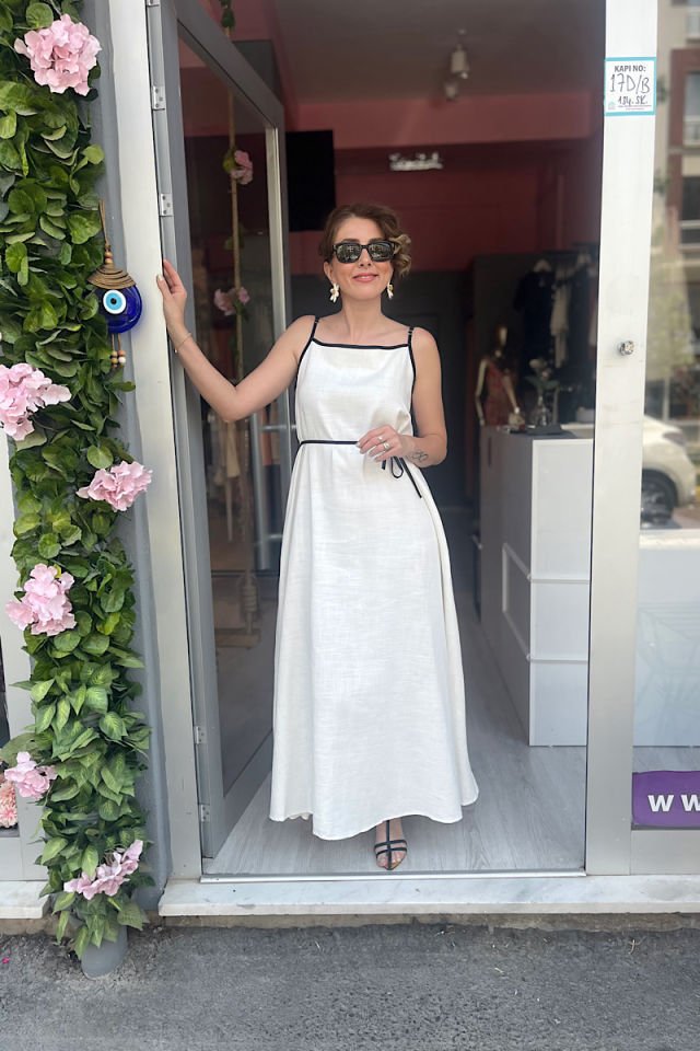 Askıları Ayarlanabilir Bağlamalı  Maksi Elbise -Ekru