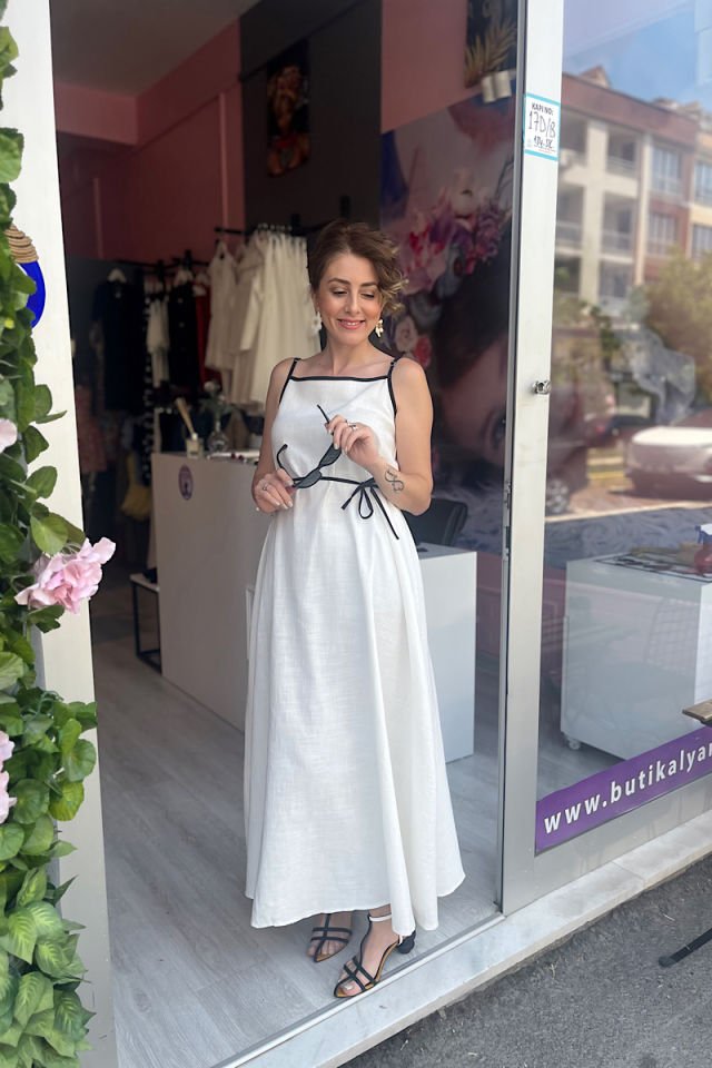 Askıları Ayarlanabilir Bağlamalı  Maksi Elbise -Ekru