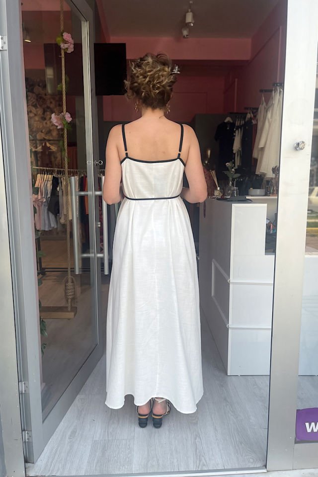 Askıları Ayarlanabilir Bağlamalı  Maksi Elbise -Ekru