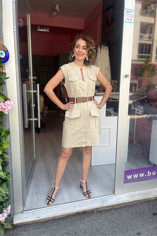 Kemerli Keten Elbise-Taş