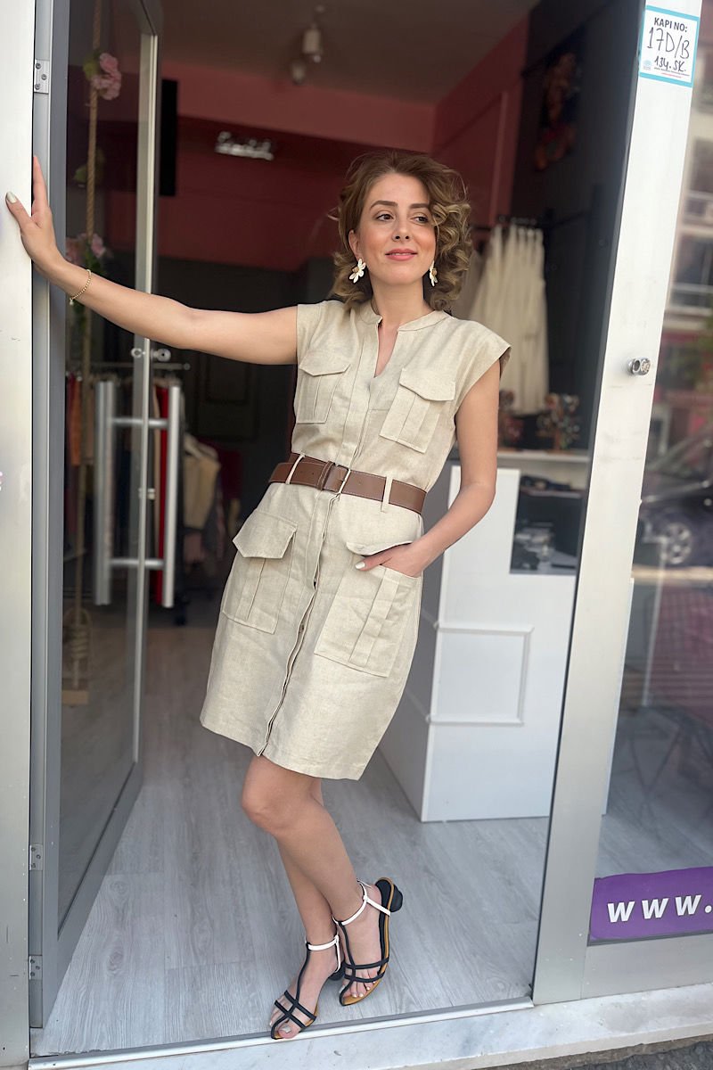 Kemerli Keten Elbise-Taş