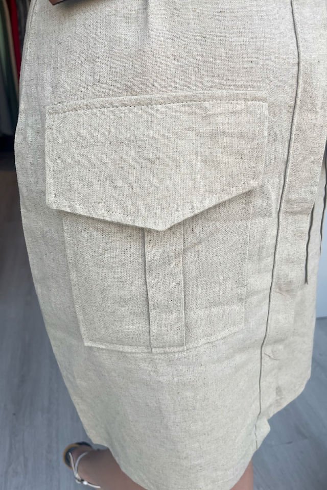 Kemerli Keten Elbise-Taş