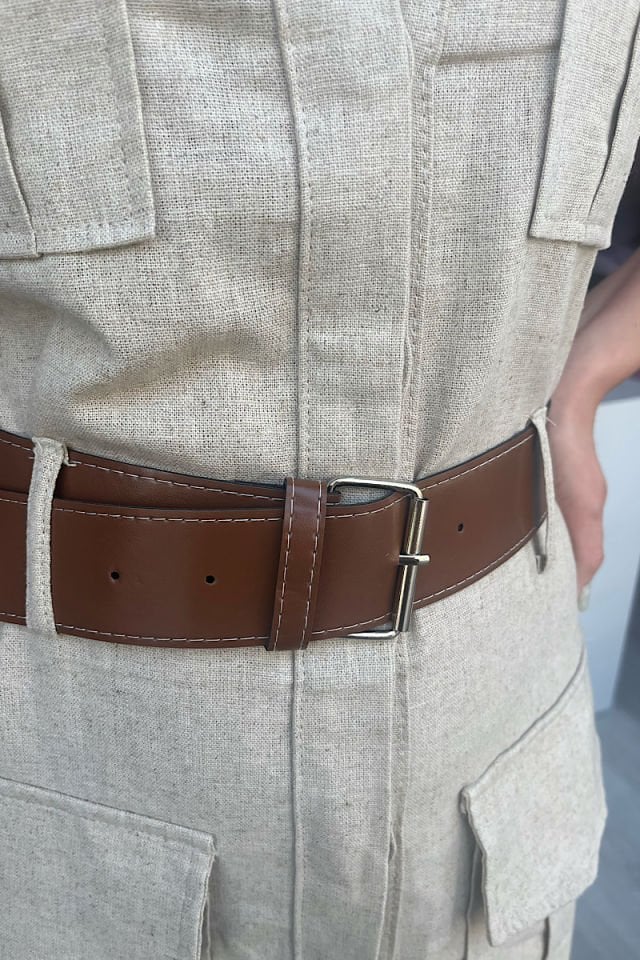 Kemerli Keten Elbise-Taş