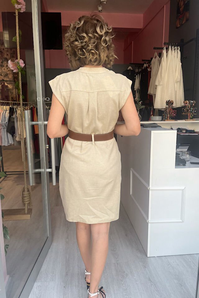 Kemerli Keten Elbise-Taş