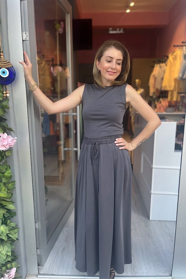 Modal Kumaş Etek Bluz Takım-Antrasit