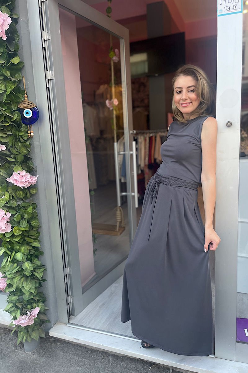 Modal Kumaş Etek Bluz Takım-Antrasit