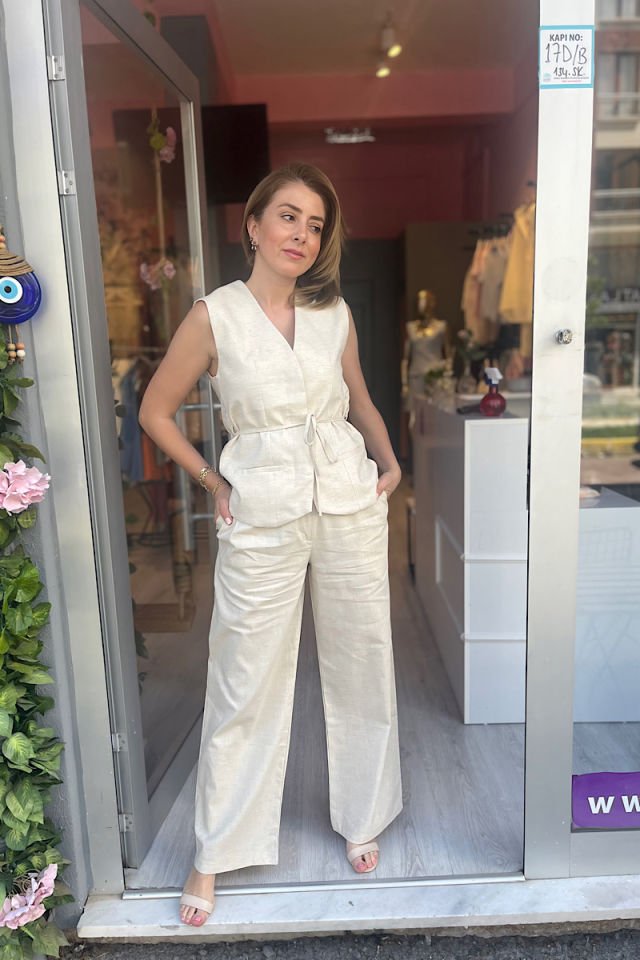 Pamuk Keten Bağlama Detaylı Takım -Taş