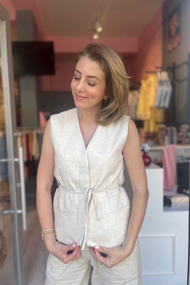 Pamuk Keten Bağlama Detaylı Takım -Taş