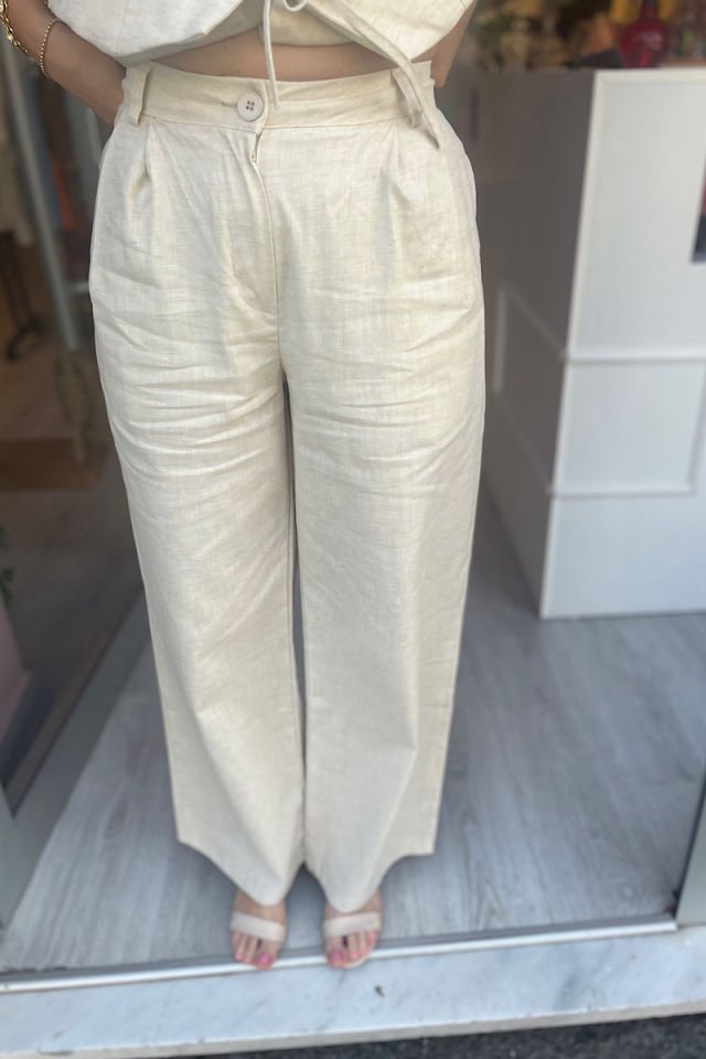 Pamuk Keten Bağlama Detaylı Takım -Taş