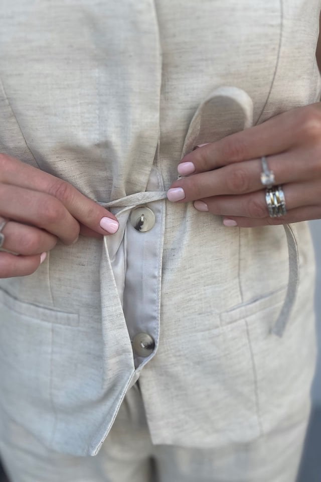 Pamuk Keten Bağlama Detaylı Takım -Taş