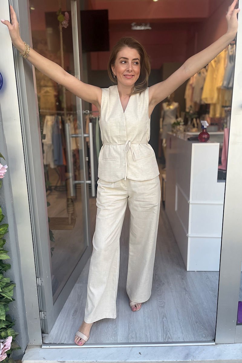 Pamuk Keten Bağlama Detaylı Takım -Taş