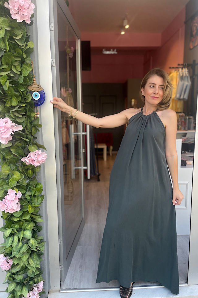 Tensel Kumaş Maksi Elbise-Haki