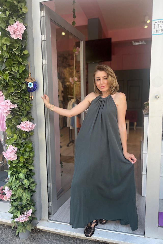Tensel Kumaş Maksi Elbise-Haki