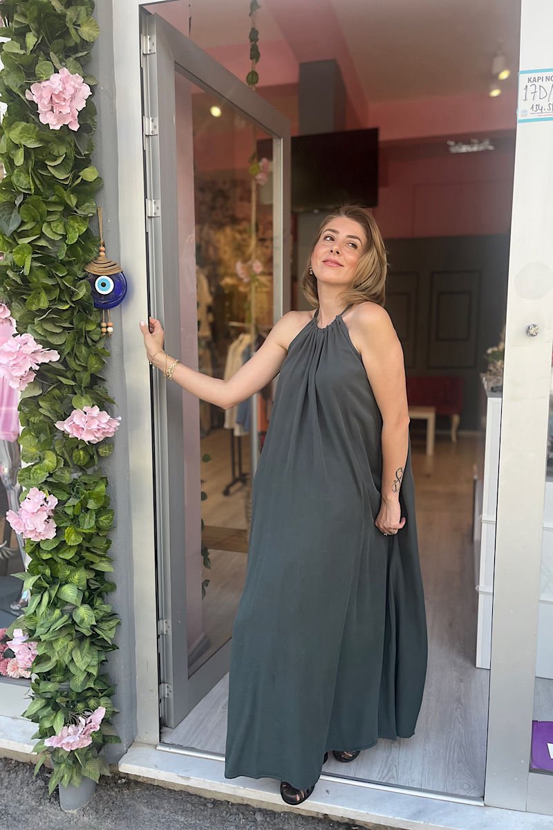 Tensel Kumaş Maksi Elbise-Haki