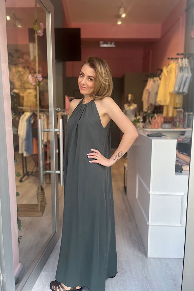 Tensel Kumaş Maksi Elbise-Haki