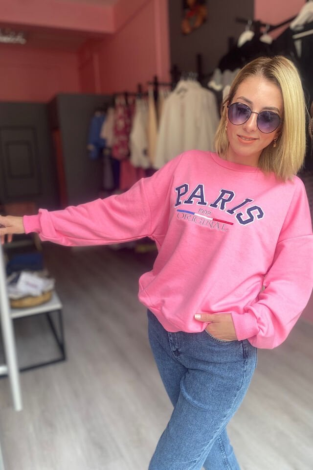Paris Nakışlı Sweatshirt-Pembe