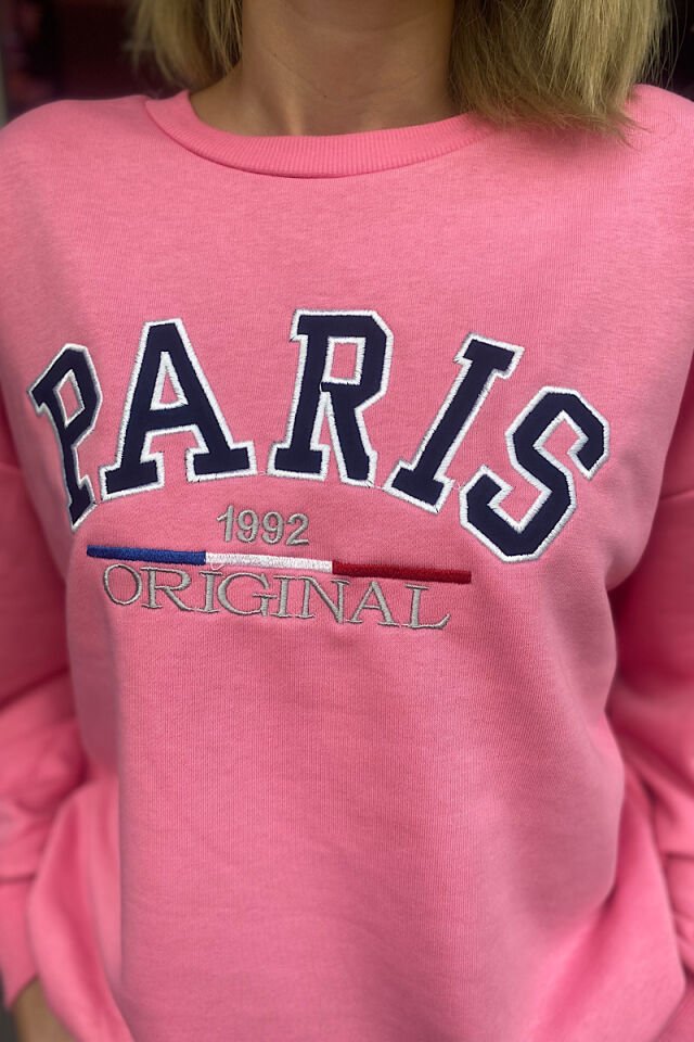 Paris Nakışlı Sweatshirt-Pembe