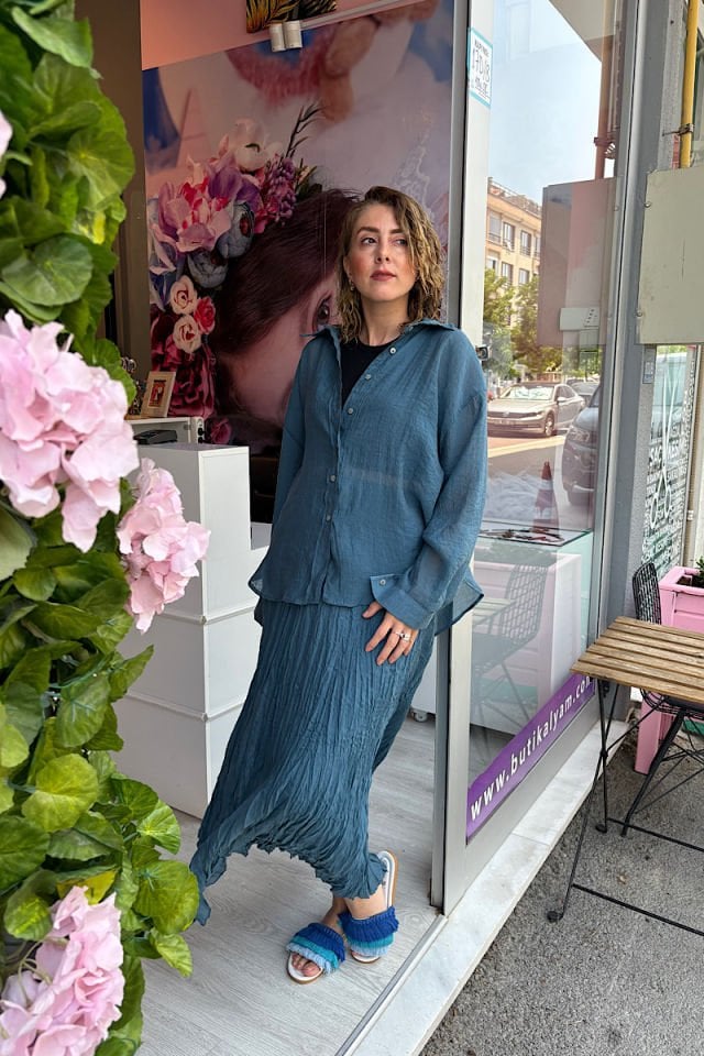 Oversize İpeksi Gömlek-Petrol Mavi