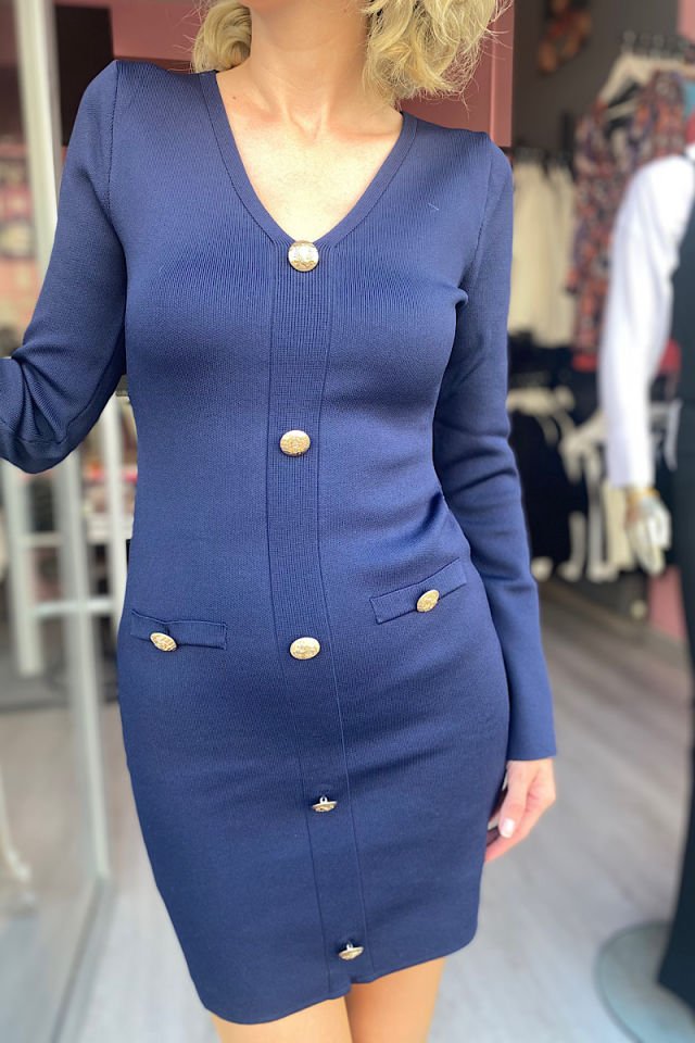 Gold Düğmeli Triko Elbise -Lacivert