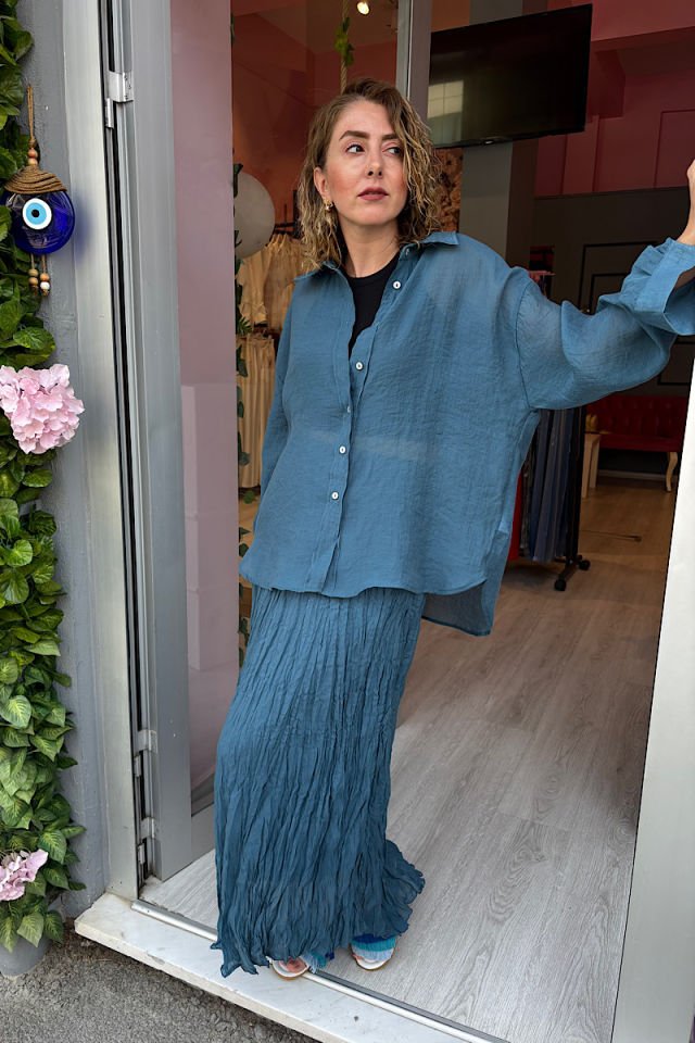 Kırışık Etek-Petrol Mavi