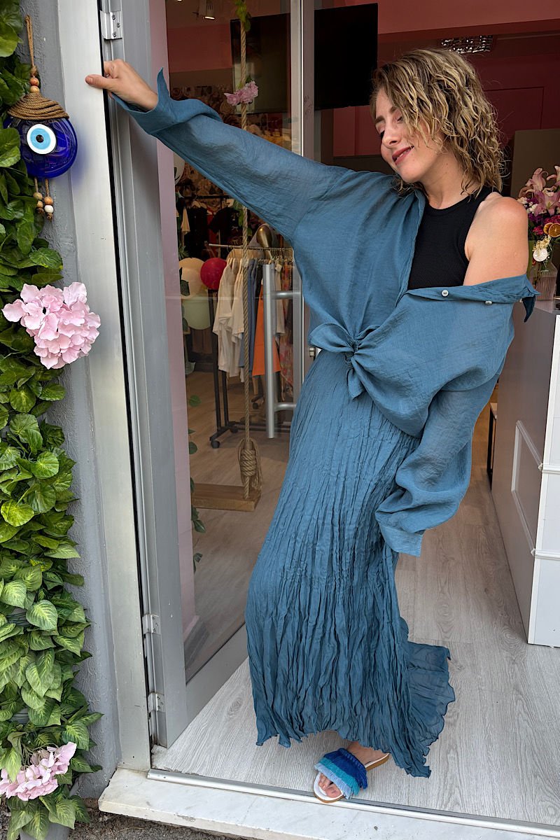 Kırışık Etek-Petrol Mavi