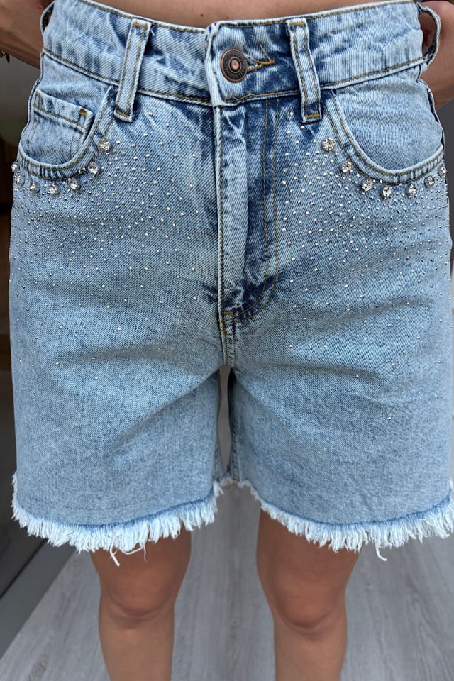 Taşlı Şort-Buz Mavi
